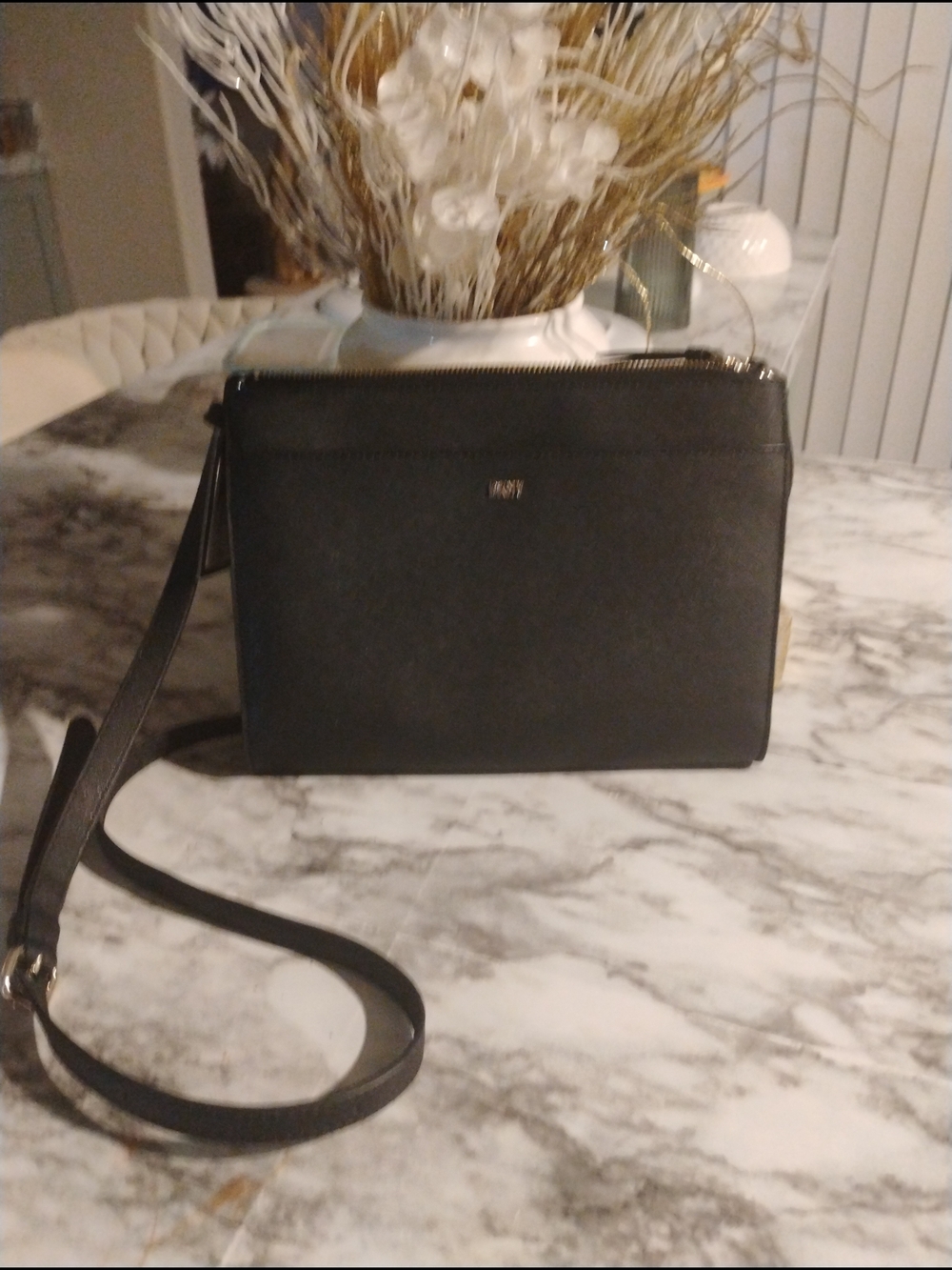 DKNY Black Leather Crossbody Bag with Gold Hardware